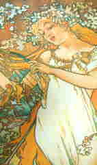 レディース　ミュシャのＴシャツ　ミュシャの四季（春）　ハープの女神　ムシャのＴシャツ　女性サイズ　アールデコ　パリ　絵画Ｔシャツ　名画Ｔシャツ